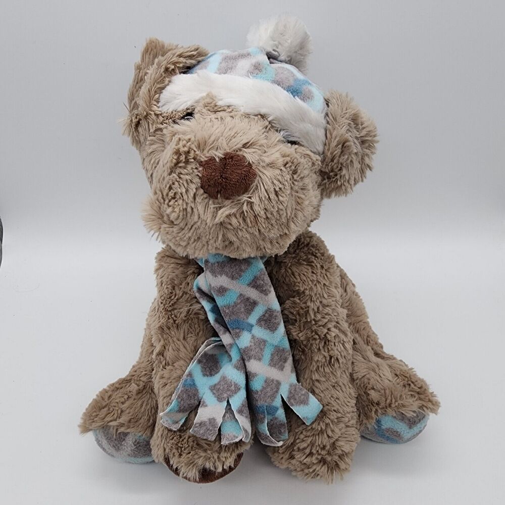 St Jude Gentle Treasures Dog Plush 12" Plaid Hat Scarf Dark Beige Stuffed Animal